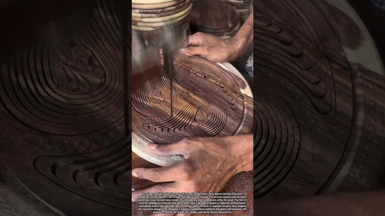 Intricate Wood Carving as Artist Cuts Layer by Layer from Center of Round Board