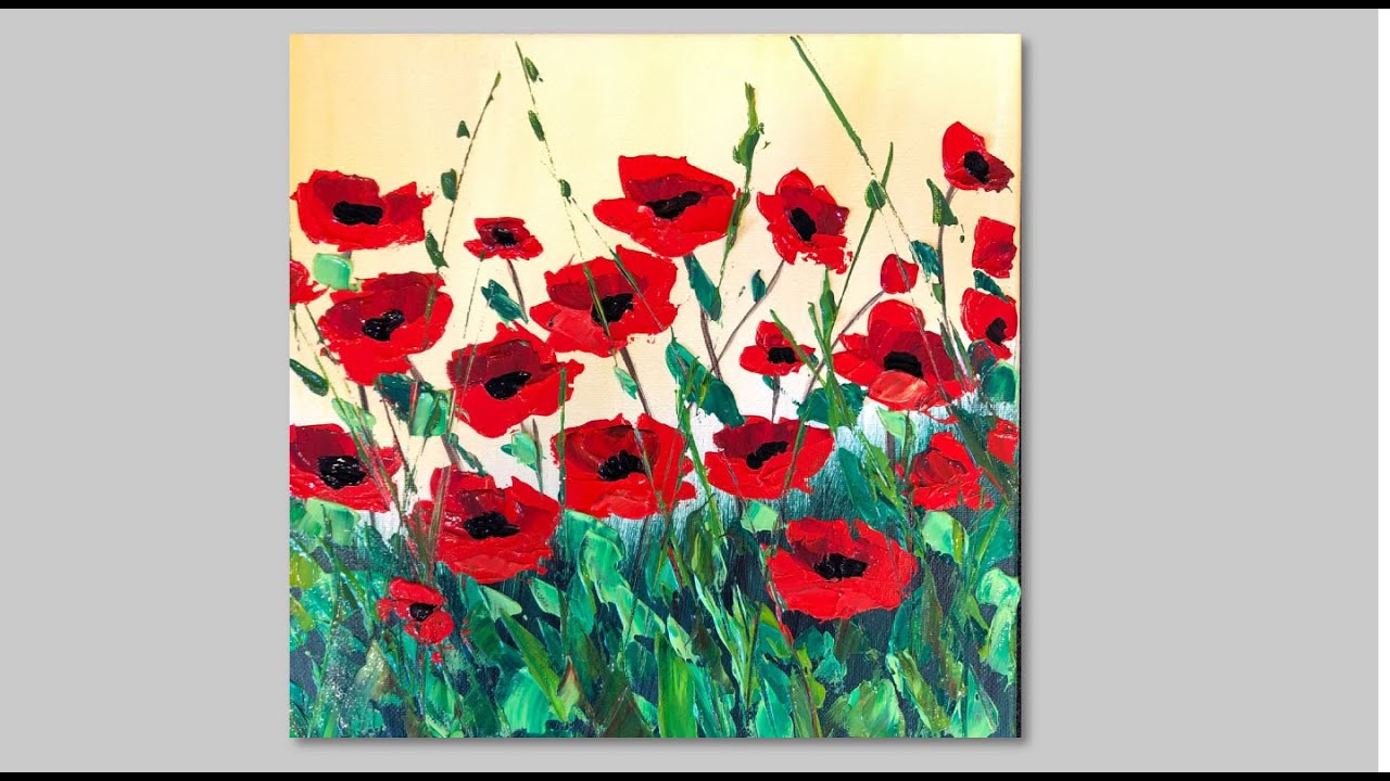 Poppy Field Painting Acrylic for Beginners/ Palette knife Techniques/ Fan brush/ Daily Challenge #47