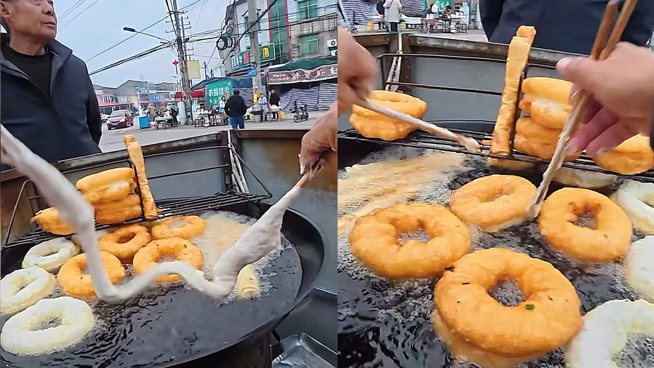 Cooking deep fried dough sticks, Chinese street food. #cooking #food