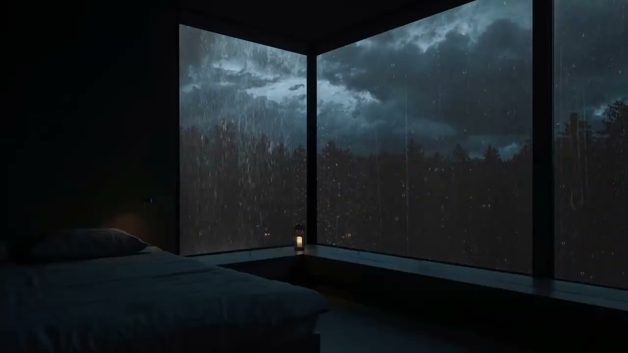 Dark Cozy Bedroom Rain Ambience for Deep Sleep | Heavy Rain on Window