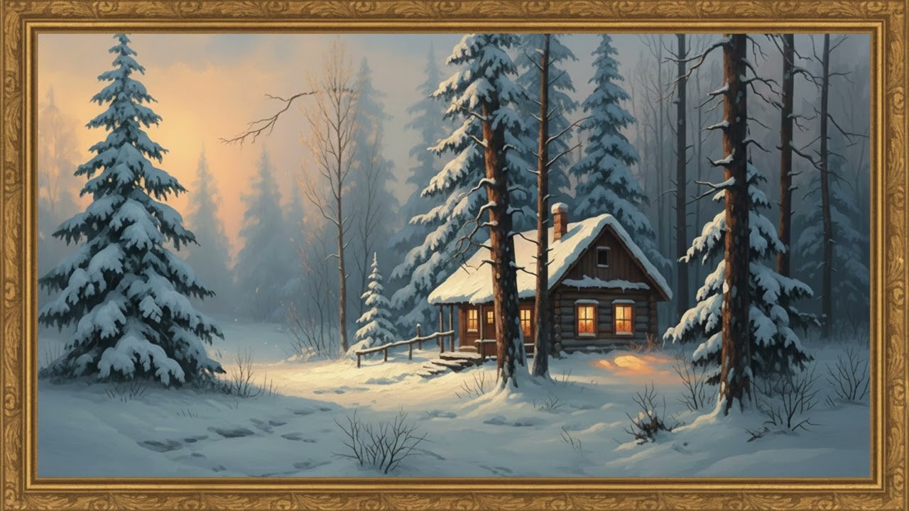 Calm Winter Home Oil Painting ❄️ Gold Framed 4K TV Art Screensaver | Cozy Snow Art