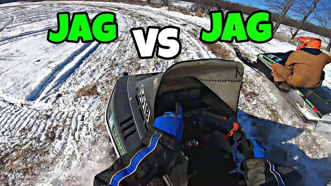 OLD Jag vs OLDER Jag Backyard Vintage Snowmobile Racing (340cc vs 340cc)