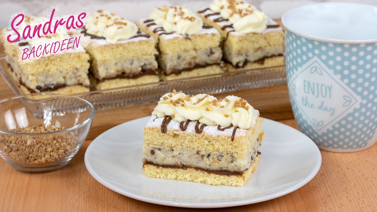 Haselnuss Schnitten mit Nougat und Sahne - für Leckermäulchen / nur 10 min Backzeit / Nuss Kuchen