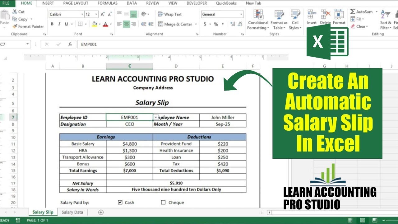 How to Create Salary Slip in MS Excel l Professional Payslip in Excel l Learn Accounting Pro Studio 