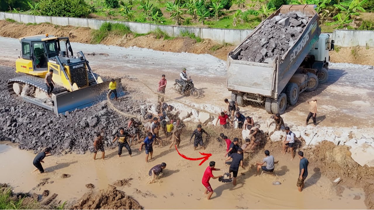 Amazing Skills! Shantui Bulldozer Pushing Large Stones into Water | Scania 25-T Dump Truck Unloading