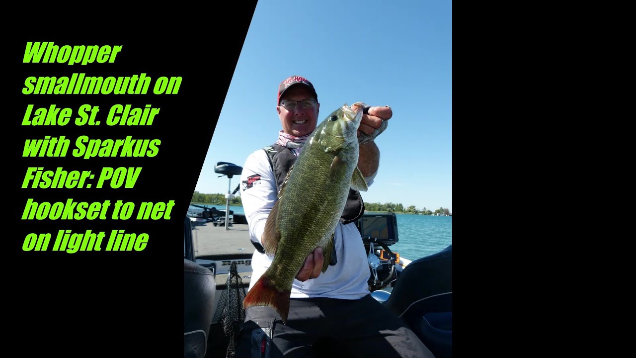 Whopper smallmouth on Lake St. Clair with Sparkus Fisher: POV hookset to net on light line