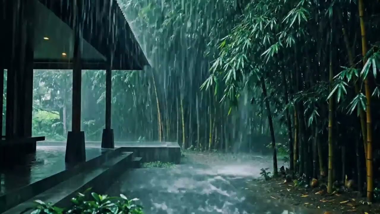 Cinematic Afternoon Rain ASMR by the Terrace, Surrounded by Bamboo and Endless Rain Calm 120