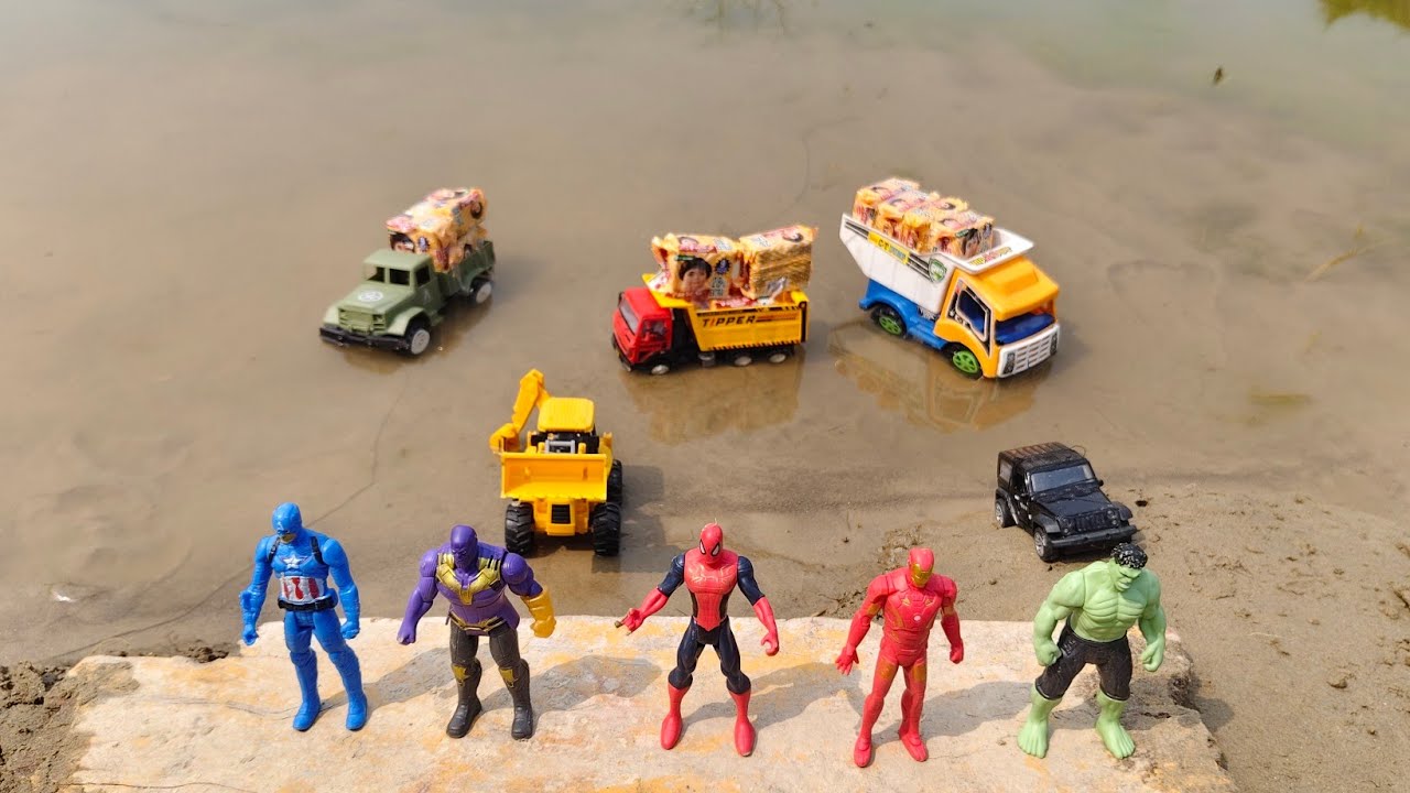 JCB THAR Parle G Loading Truck Tipper miliatry Superheroes aur Toy Trucks Adventure Pani ke Kinare