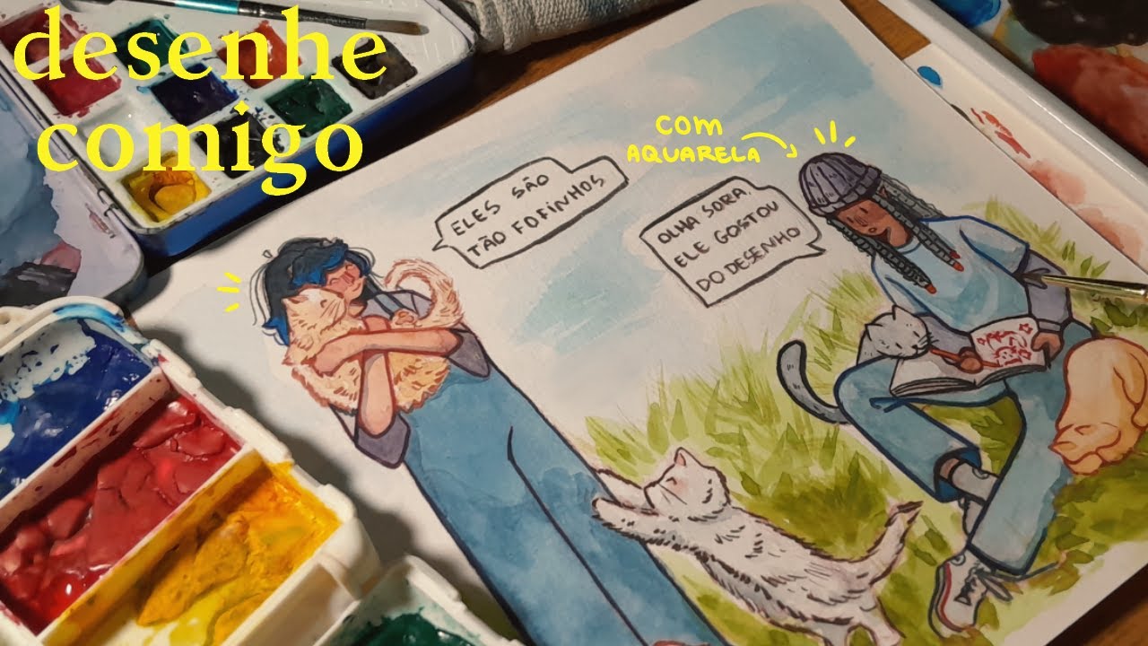 Personagens e gatos | pintando com aquarela