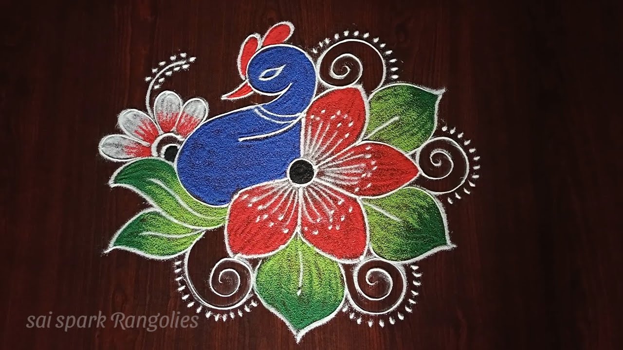 small peacock with flower rangoli | simple mayil kolam | creative rangoli @saisparkrangolies