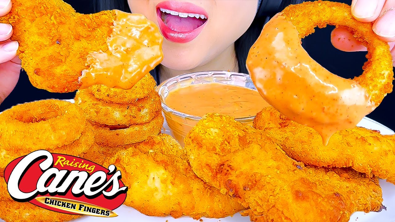 RAISING CANES SAUCE with FRIED CHICKEN TENDERS & ONION RINGS ASMR | EATING SOUNDS | ASMR Phan