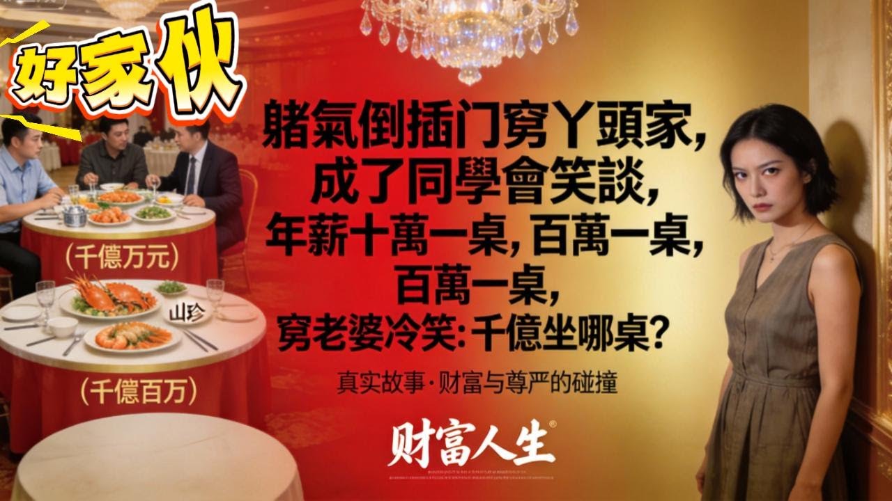 賭氣倒插门窮丫頭家，成了同學會笑談，年薪十萬一桌，百萬一桌，窮老婆冷笑：千億坐哪桌？