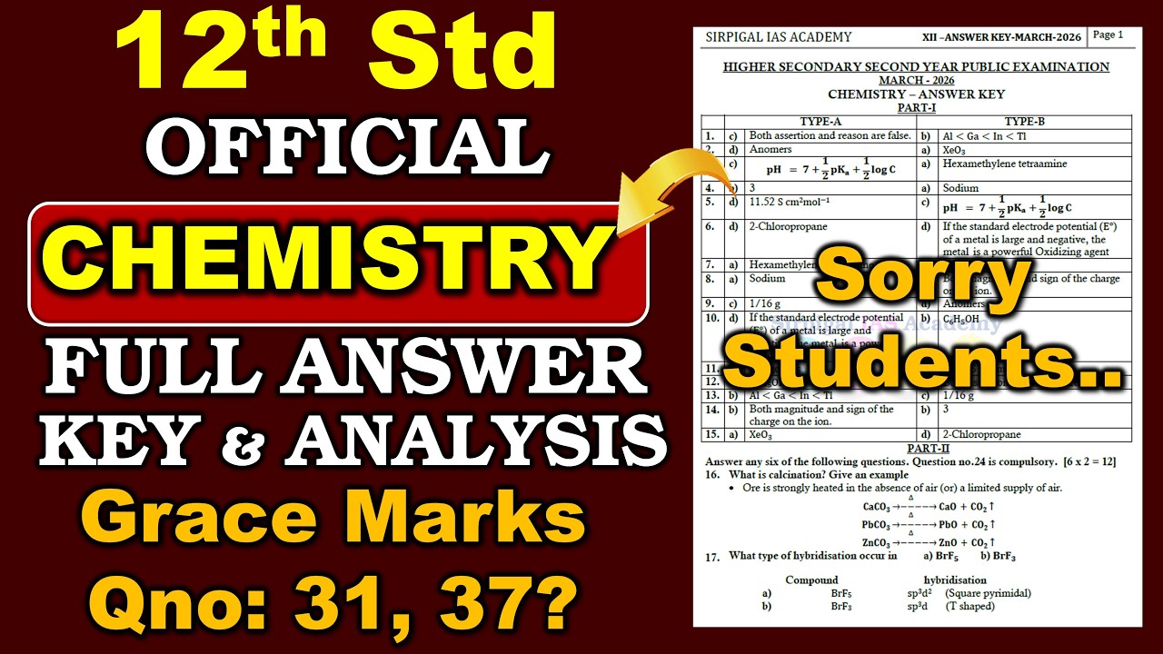 12th Chemistry Official Answer Key 2026 | Grace Marks Announcement |