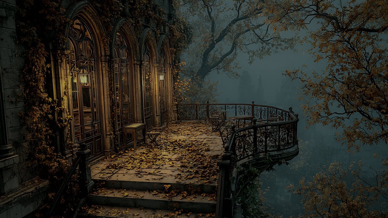 Misty Autumn Night at the Castle Balcony | Autumn Ambience for Reading & Reflection | Dark Academia