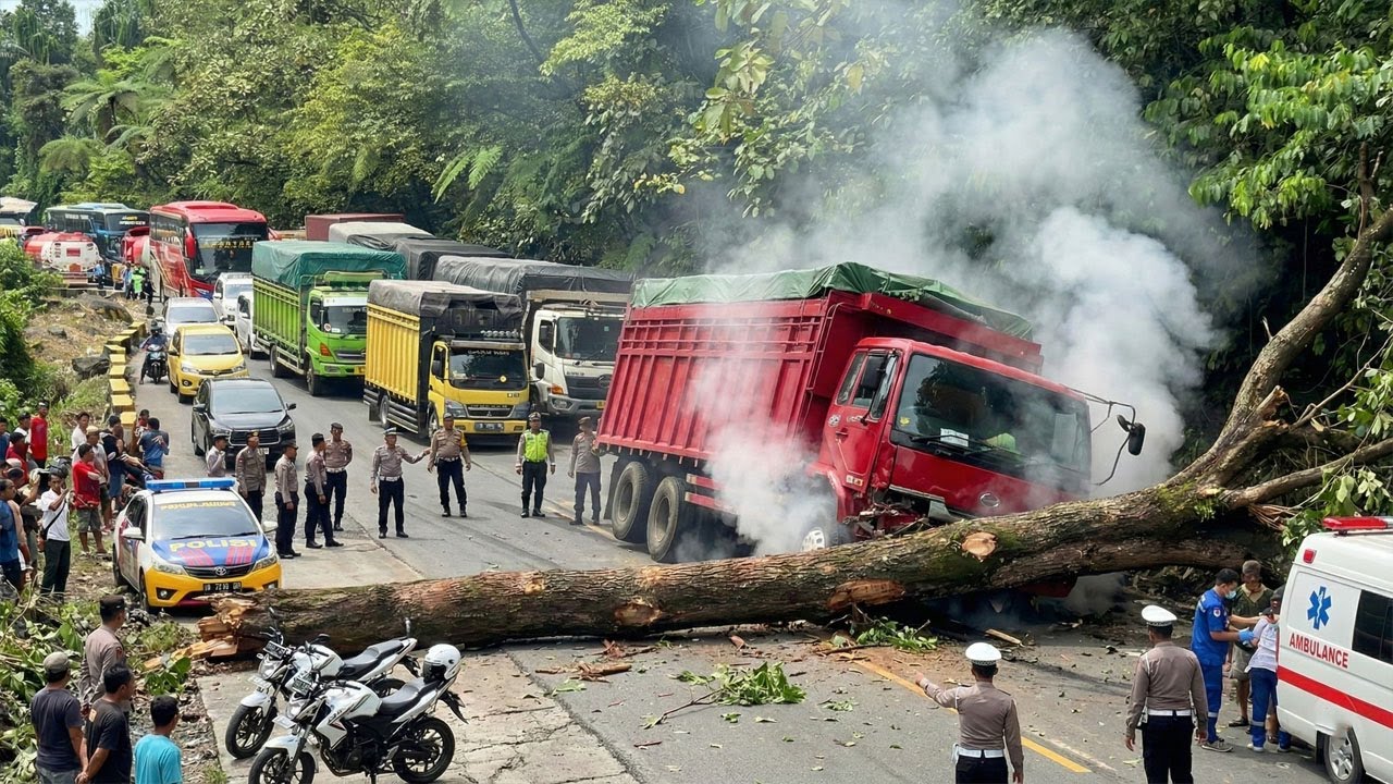 GAWAT DARURAT !!! MENIT MENIT MENCEKAM SITINJAU LAUIK LUMPUH TOTAL, Truk Blong Rem Tabrak Pohon