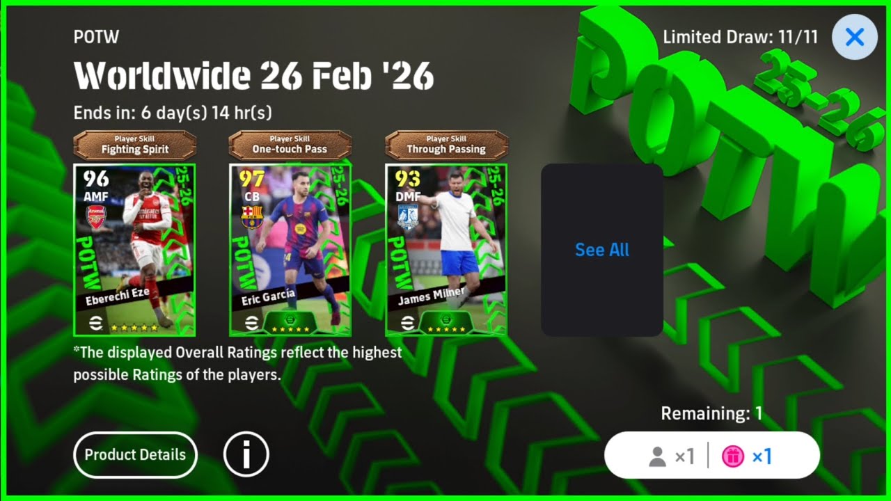 POTW Worldwide 26 Feb '26 and Free Spin + 300 Coin Pack Opening (eFootball 2026 Mobile) 