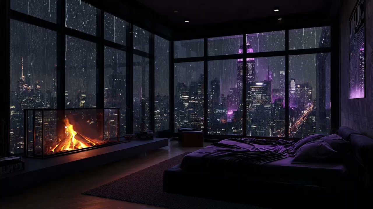 Rainy Window Serenity 🌙 | Gentle Piano Fireplace Sounds for Calm Nights and Focused Study