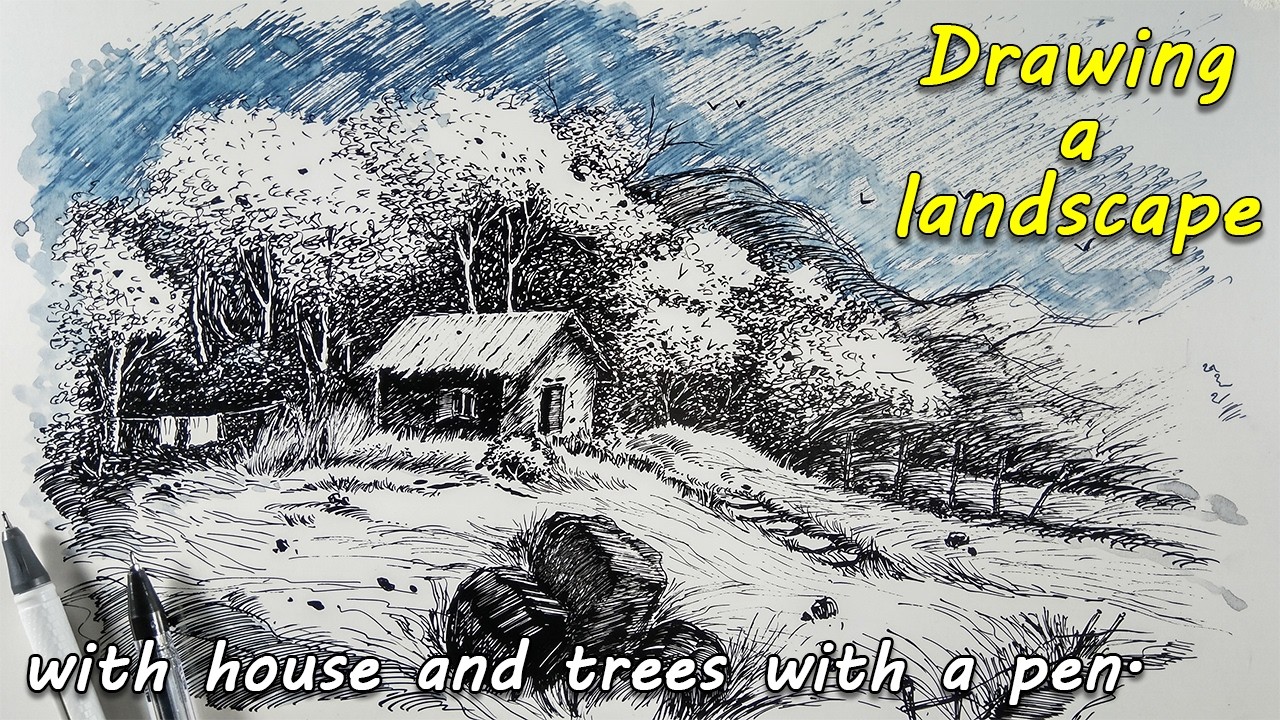 Drawing a landscape with house and trees with a pen | pen art