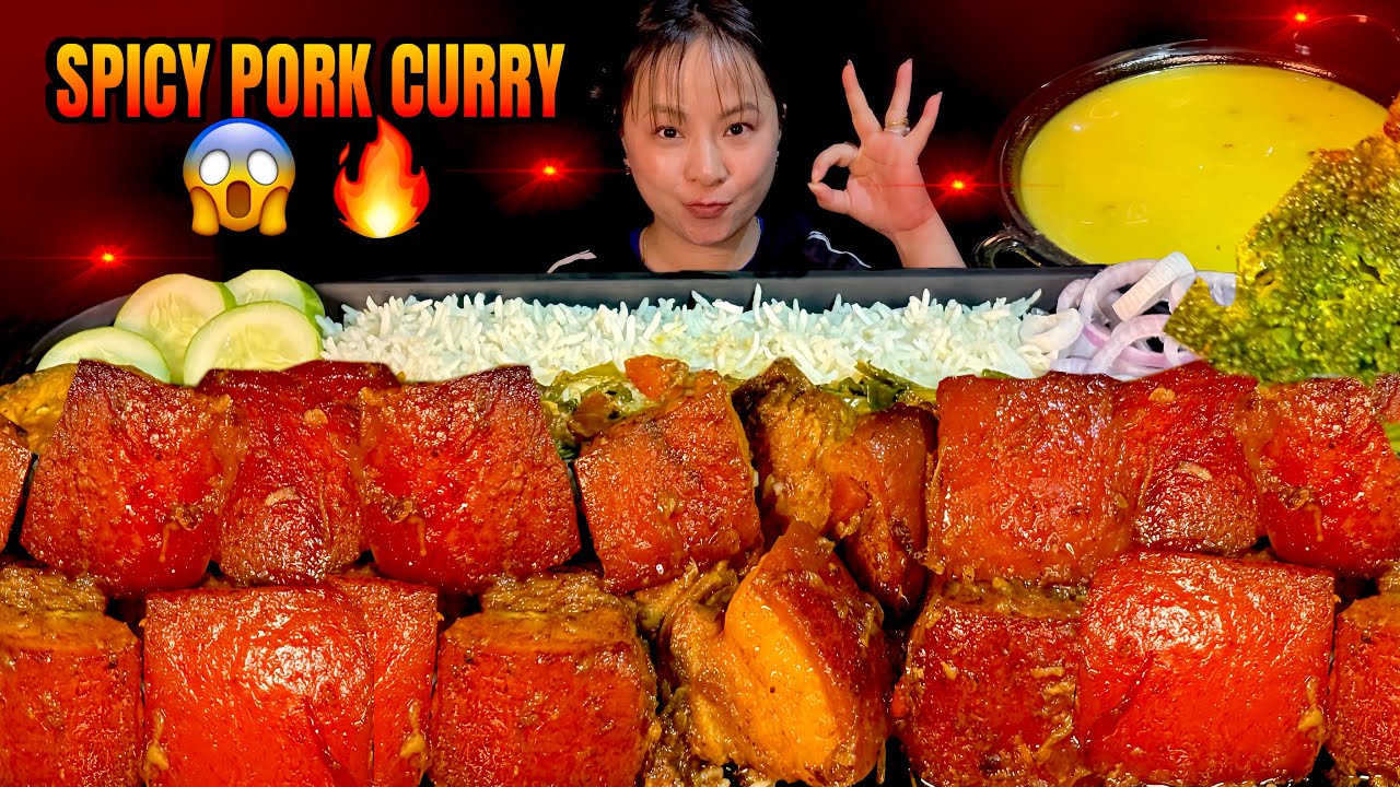 MUKBANG: PORK CURRY WITH RICE, BRINJAL, SAAG! PORK MUKBANG! #mukbang #pork