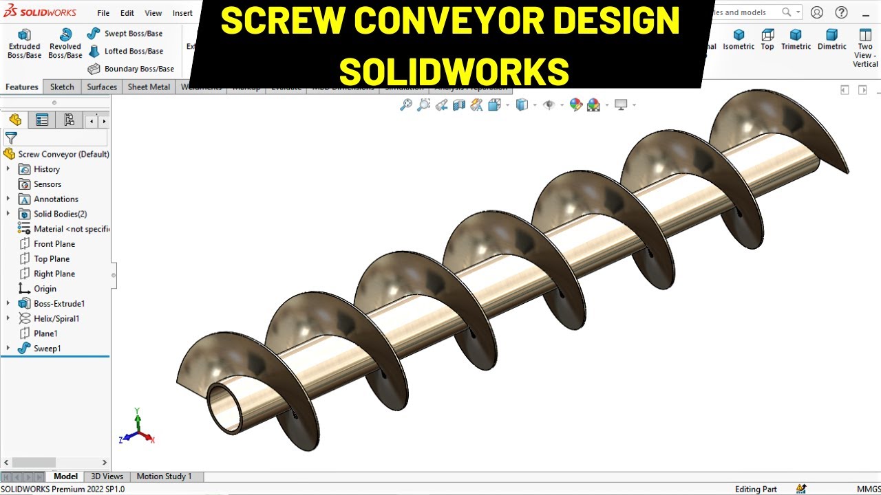 Проектирование шнекового конвейера SolidWorks, спираль, шнек и стреловидный паз