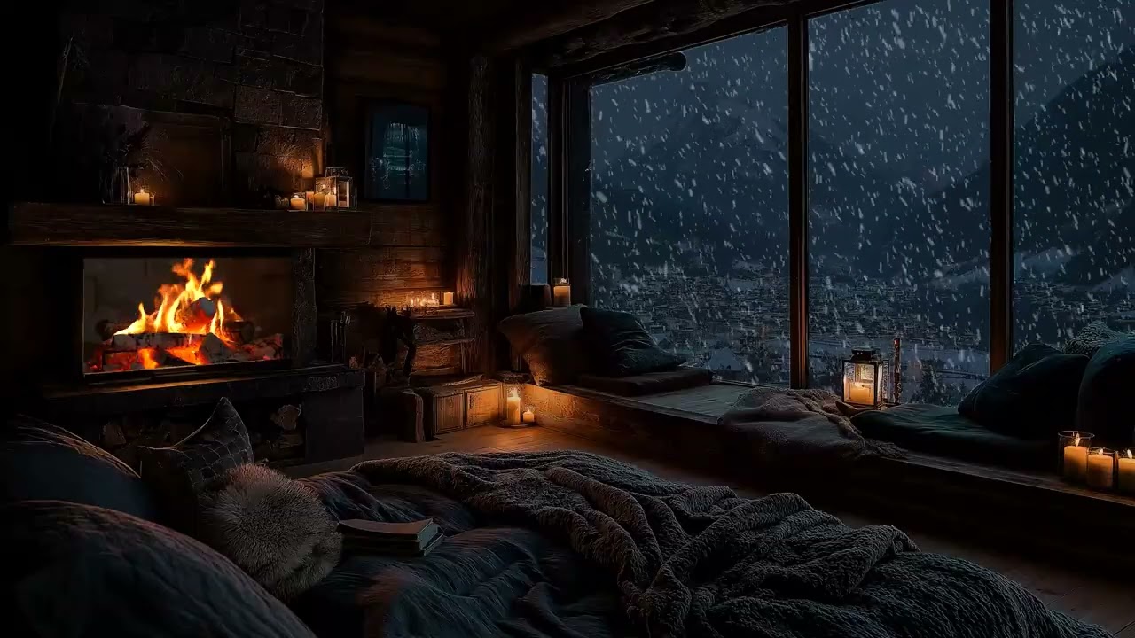 (No Ads) Fireplace Comfort with Passing Winter Wind | Deep Sleep Ambience