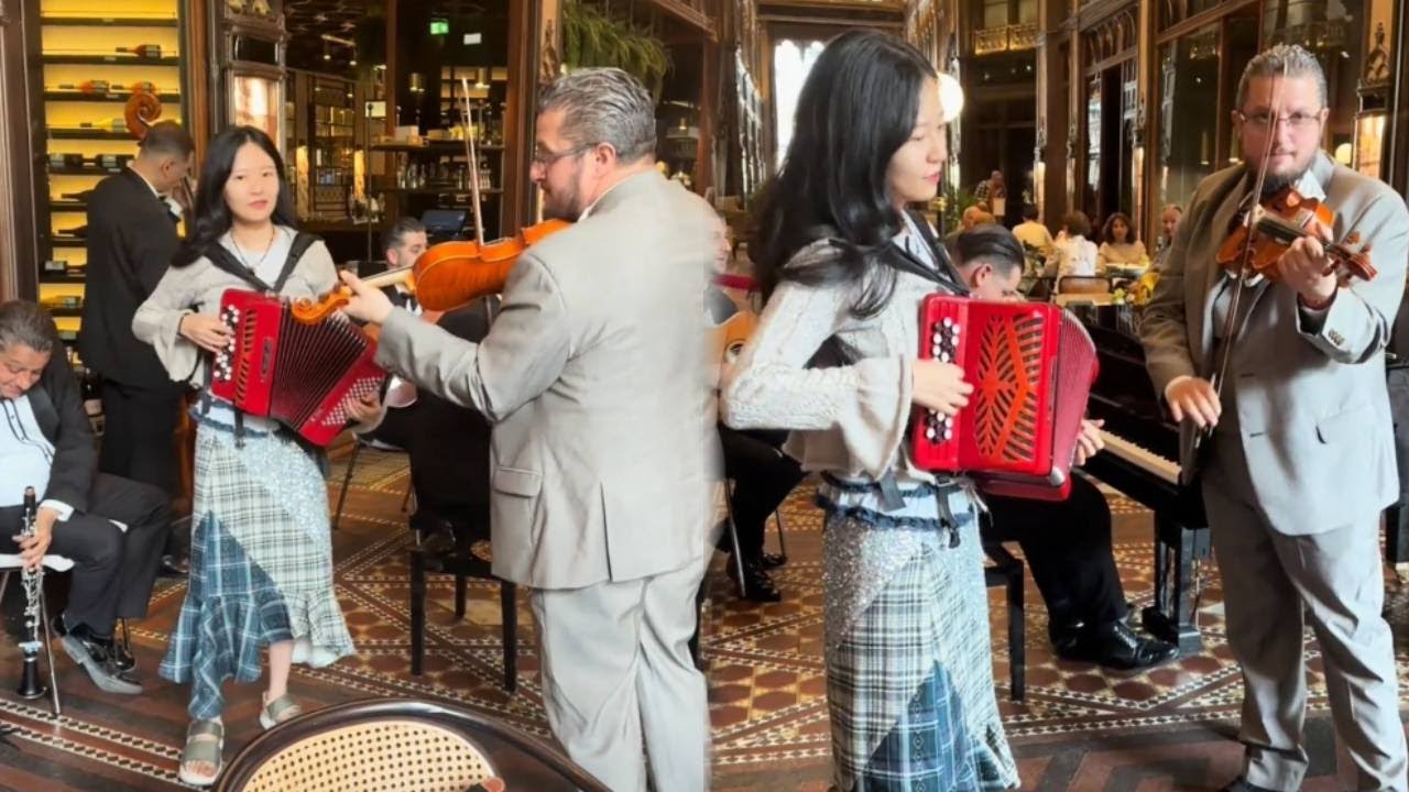 背手风琴去盘外国大爷！在外国咖啡馆盘到音乐人，合奏了一曲《一步之遥》！【李楚然手风琴】