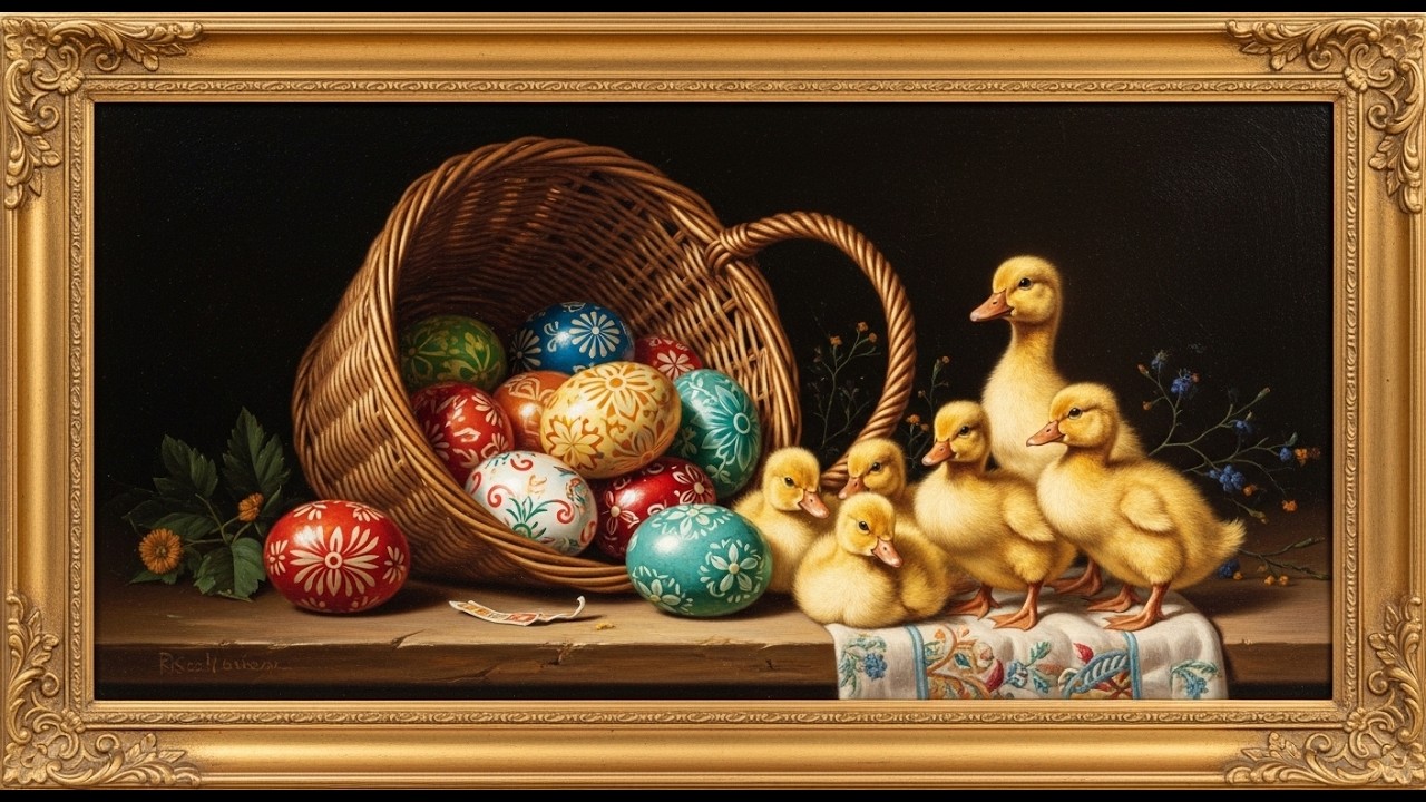 Traditional Easter Basket with Yellow Ducklings | 4K Digital Canvas | Antique Fine Art Decor