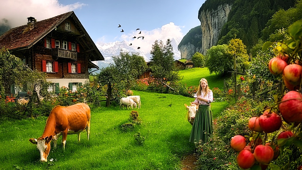 Simple Life in Swiss Alpine Villages: Apple Gardens, Pumpkin Farm, Cows Leaving the Alps