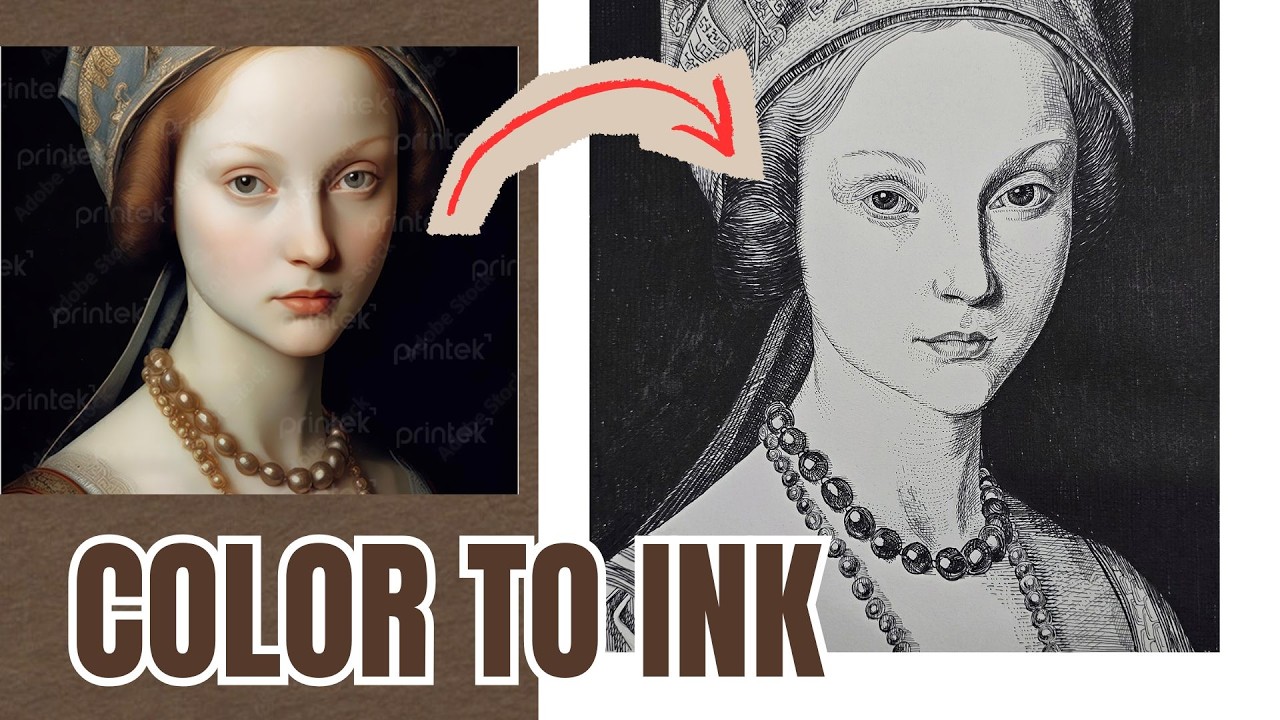 Stunning Black Ink Renaissance Portrait–Step by Step Line Art