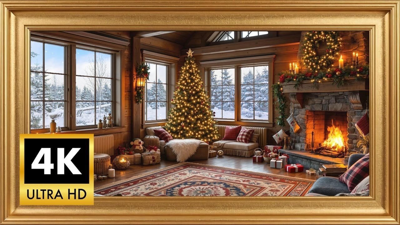The Best Cozy Christmas Fireplace! 4K Framed Fireplace Art & Crackling Ambience and SNOW!