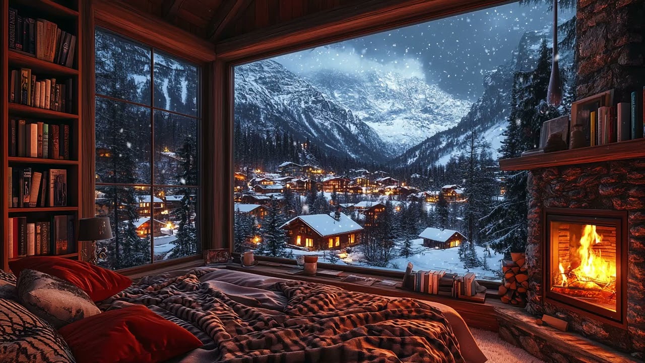 Winter Snow Night Ambience ❄️Soft Fireplace Crackling and Falling Snow for Relaxation and Deep Sleep