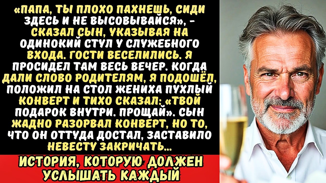 Меня посадили за столик возле туалета на свадьбе сына. Я поднял тост и ушёл, оставив конверт…