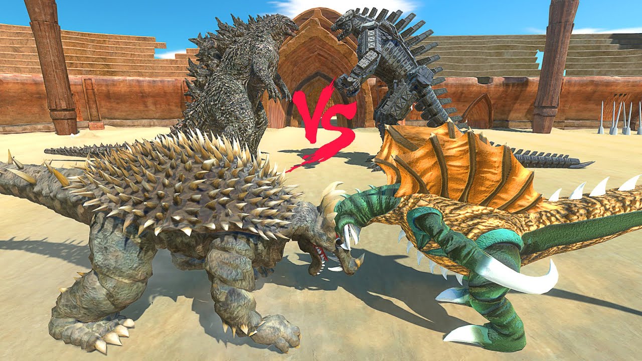 Godzilla and Anguirus vs MechaGodzilla 2021 and Gigan - Animal Revolt Battle Simulator