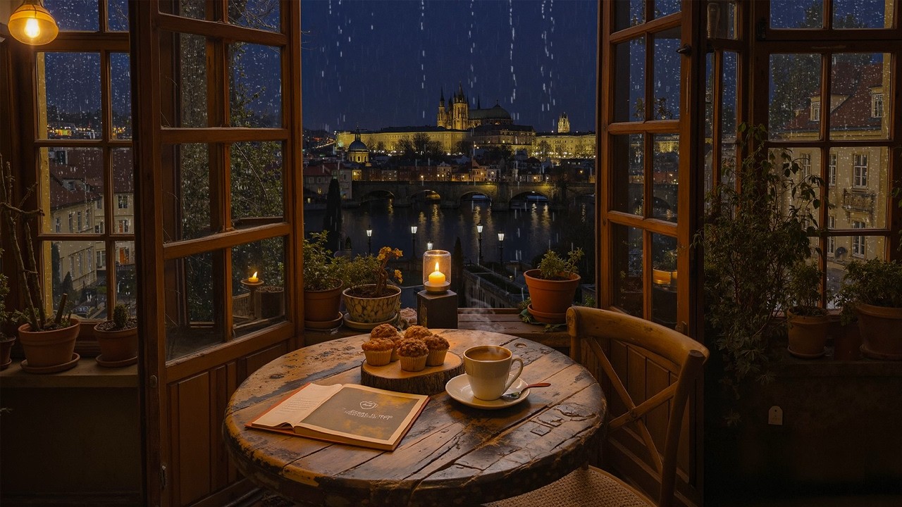 Rainy Old Town Night Jazz Piano 🌧️ Cozy Window & Candlelight Ambience for Deep Focus