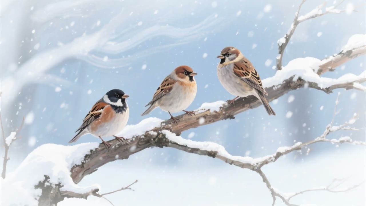 Winter Sparrows on Snowy Branch – Calm  Wallpaper | Relaxing Cosy Winter Scene & Soft Snowfall