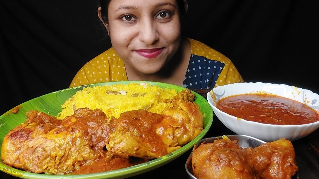 Eating Show - Yellow Rice/Pulao, Spicy 🔥Chicken Leg Curry, Masala Dum Aloo, Extra Gravy #eatingshow