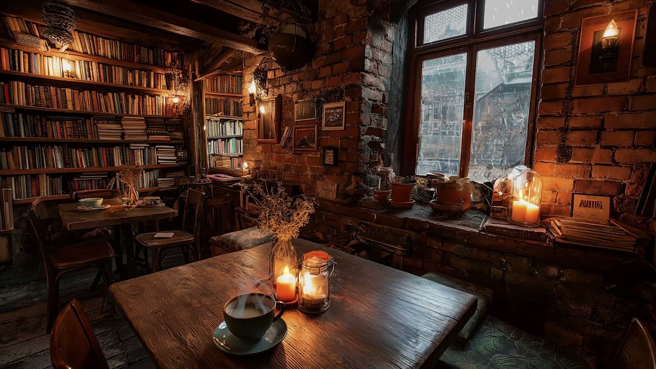 Winter Street View from a Cozy Café with Piano Music and Warm Candlelight for Deep Rest