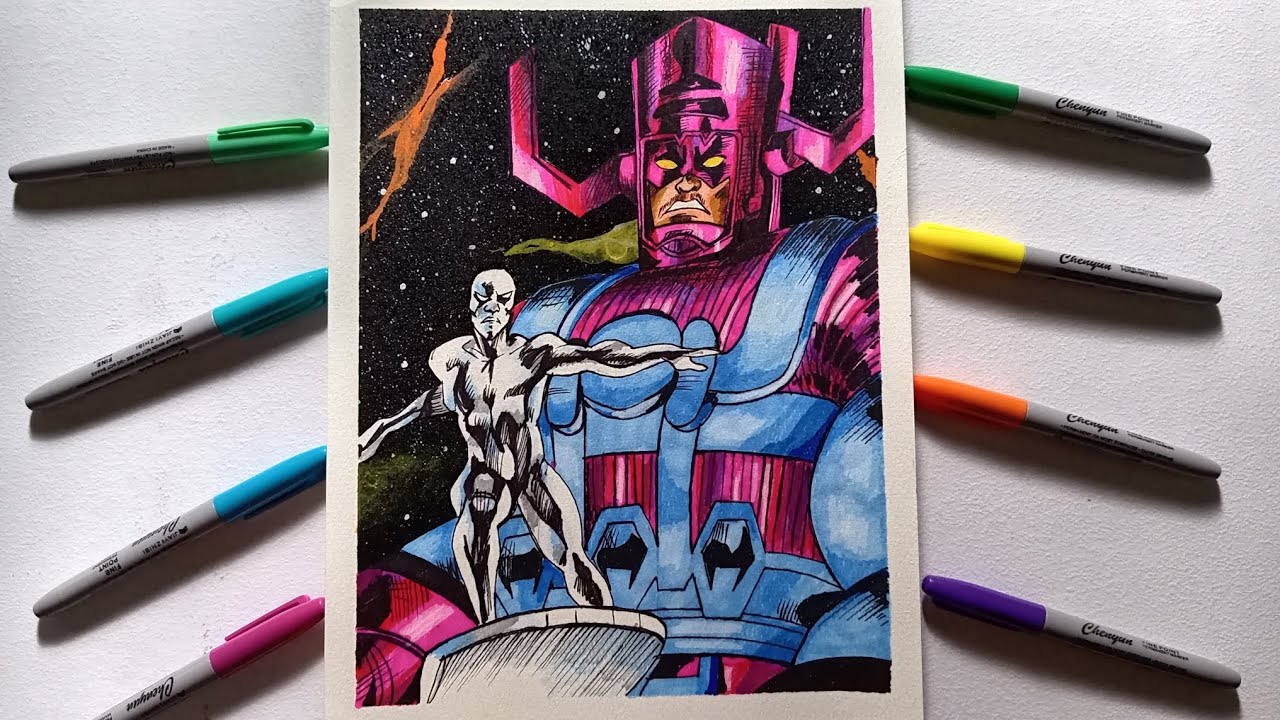 Dibujando!! a GALACTUS 🌍 y SILVER SURFER 💥 con marcadores 🖍️✏️#drawing #galactus #marvel #painting