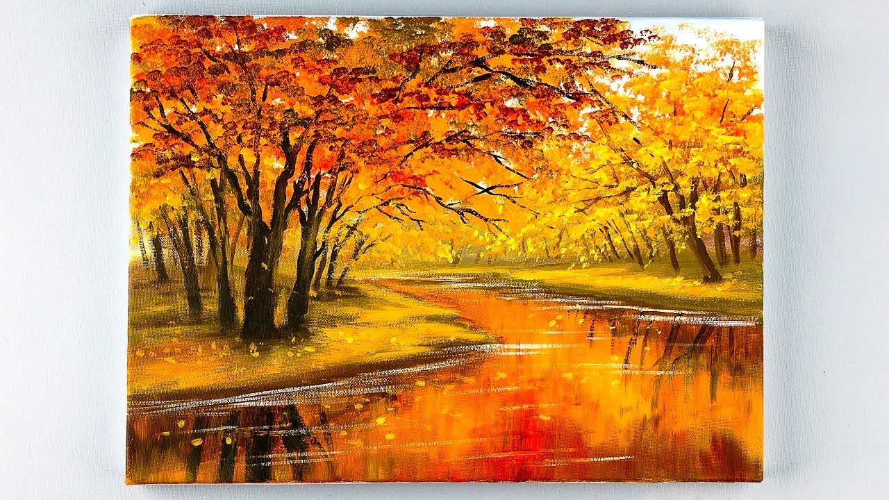 Landscape Painting / Autumn Lake Scenery / Painting Tutorial For Beginners