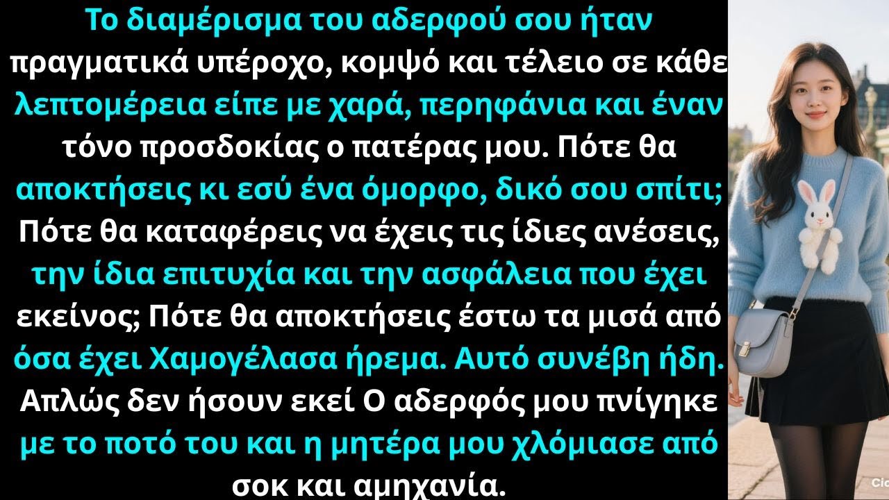 «Το διαμέρισμα του αδερφού σου ήταν τέλειο», είπε χαρούμενα ο μπαμπάς. «Πότε θα έχεις τα μισά του;»