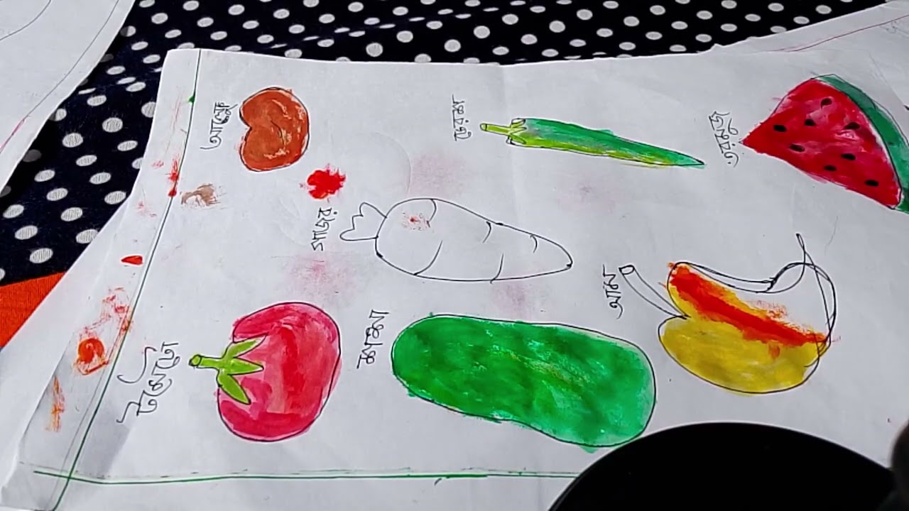 চমৎকার হয়েছে টমেটো🍅,  শশা🥒,  আম 🥭, গাজর 🥕,তরমুজ 🍉, আলু🥔  আমার মেয়ে একেছে ।  drawing. 
