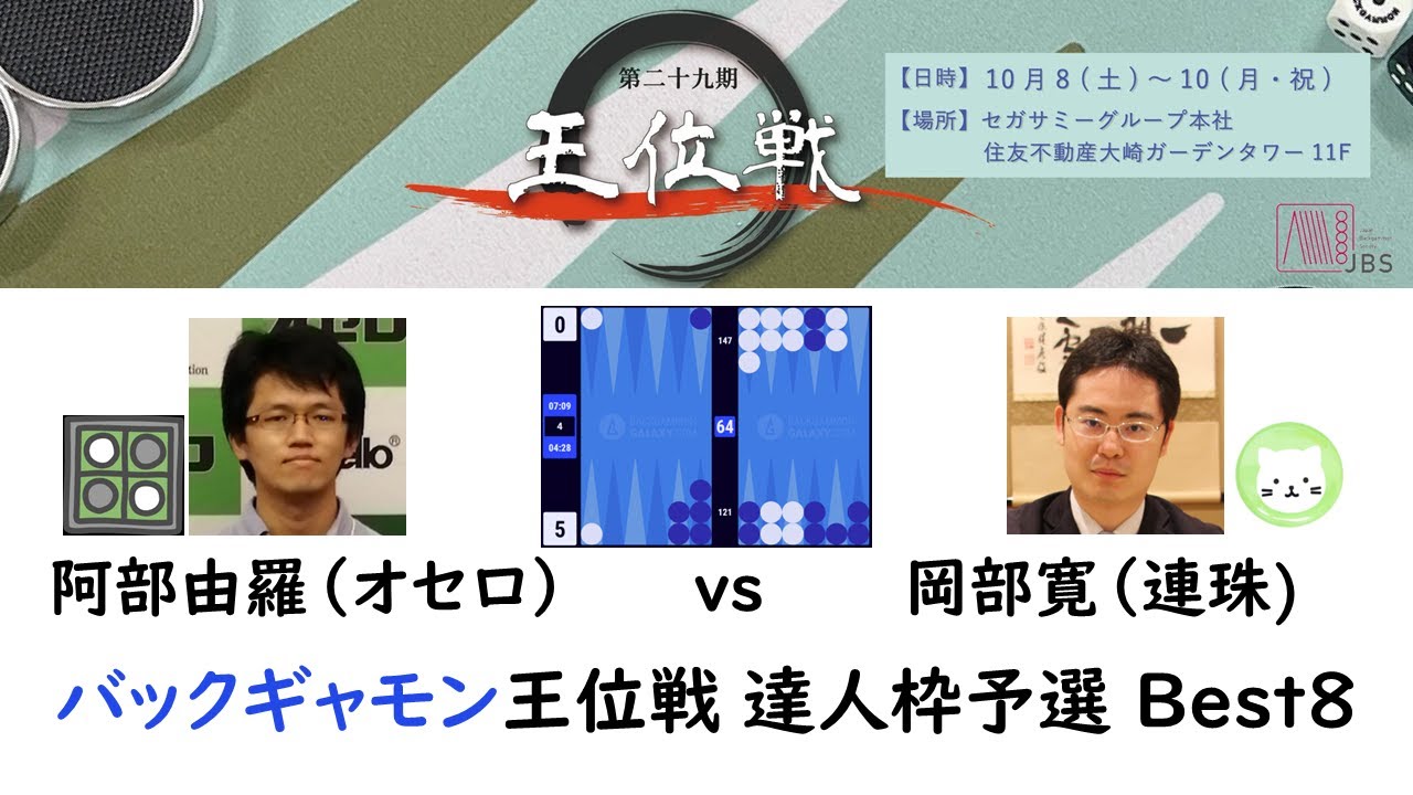 第29期 JBS 王位戦 | 達人枠予選 Best8 阿部由羅（オセロ） vs 岡部寛（連珠)