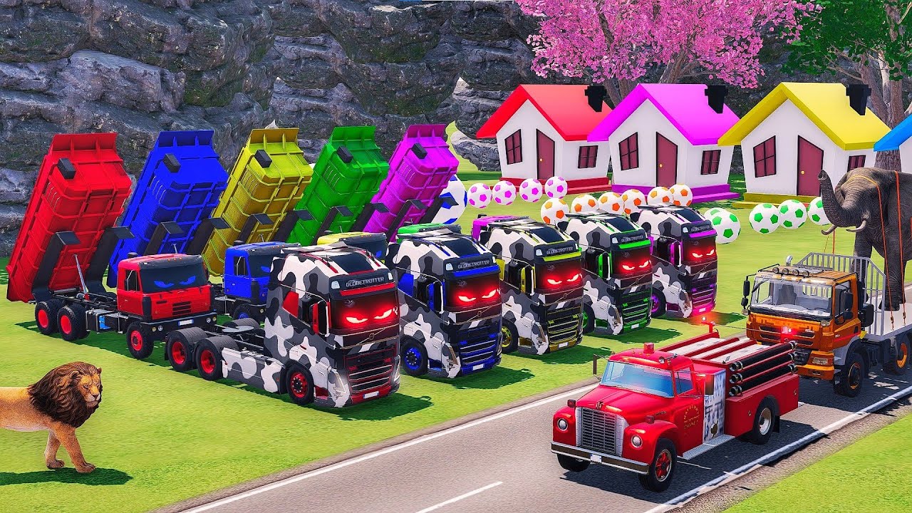 Garage with colors - ALL TRUCK WITH DOBLE FLATBED TRAILER TRUCK, VOLVO, MACK, KAMAZ, INTERNATIONAL