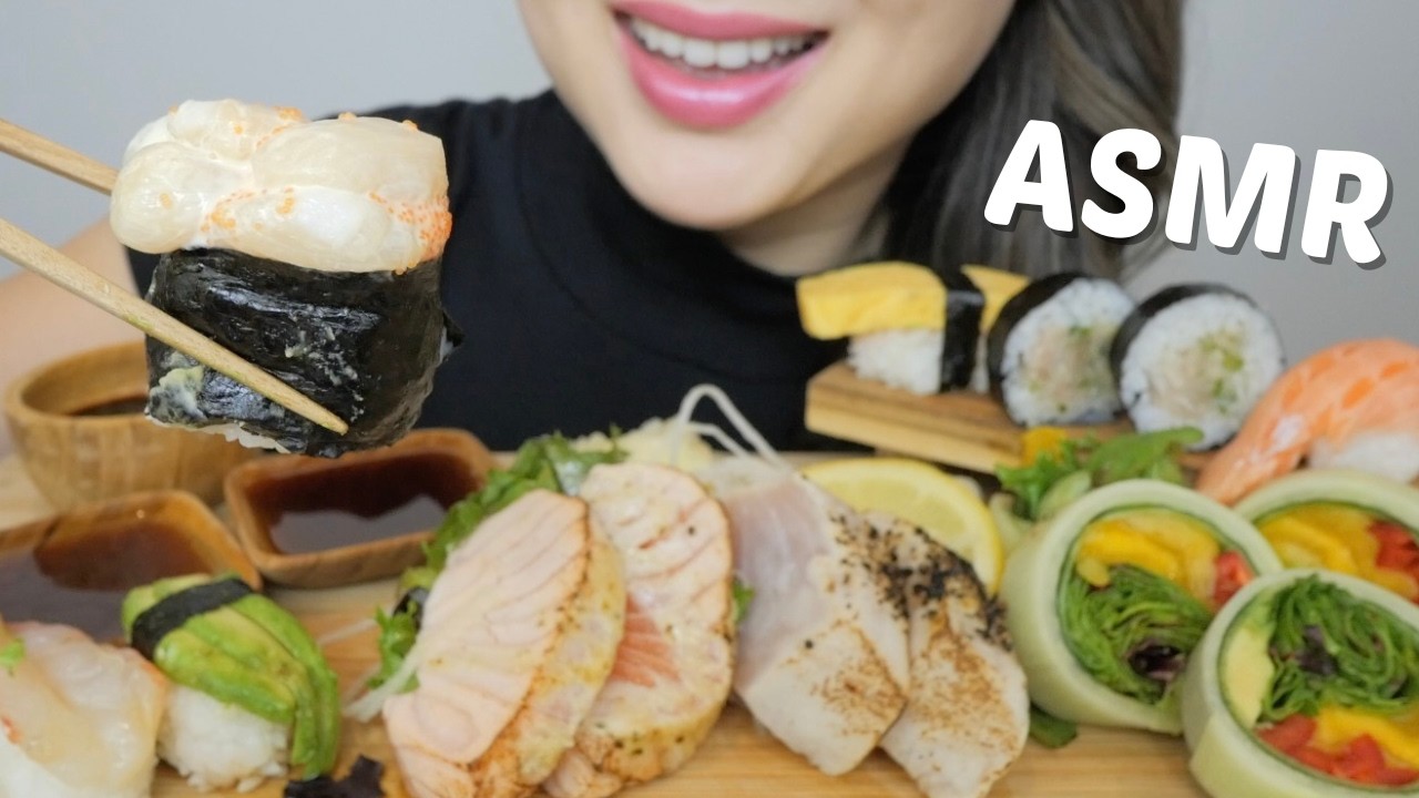 ASMR *SUSHI Assorted Nigiri, Aburi Salmon & Tuna Sashimi with Mango Garden Roll NO Talking | N.E