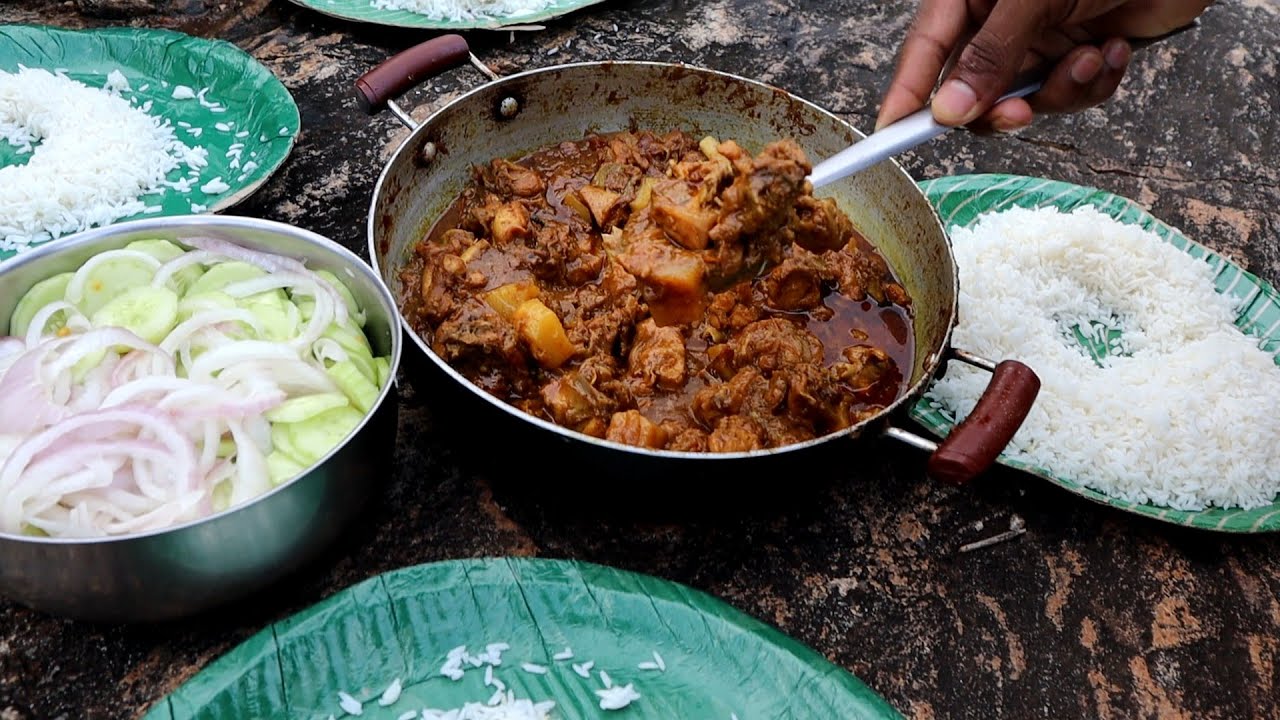 Eating Super Spicy Chicken Curry | Cooking at a Waterfall