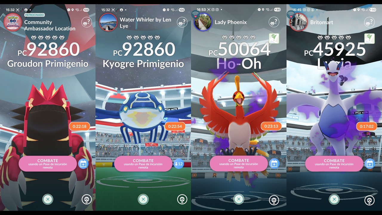 Invitaciones a GROUDON Y KYOGRE PRIMIGENIOS LUGIA HO-OH PIKACHU Pokemon GO live Remote raid invites