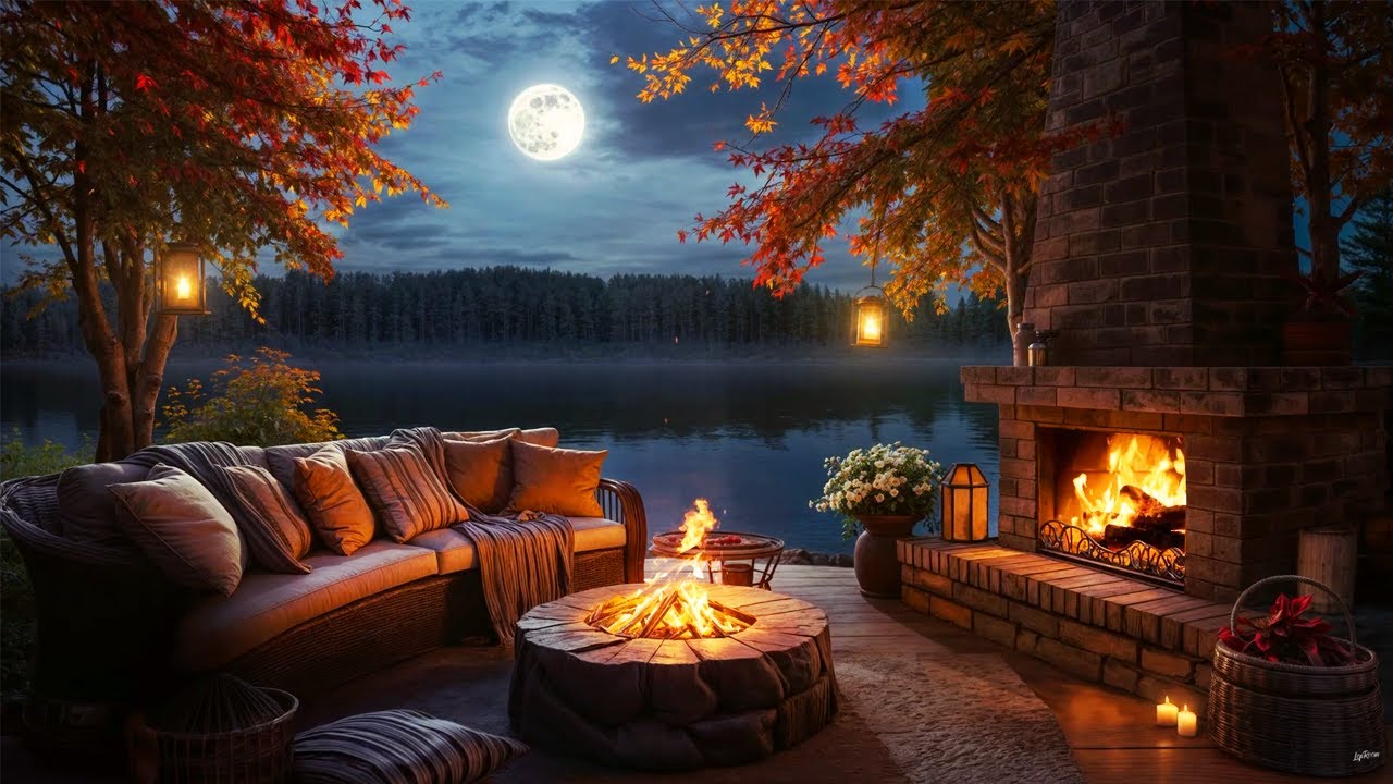 Autumn Lakeside Fireplace Ambience – Cozy Evening with Crackling Fire & Moonlight