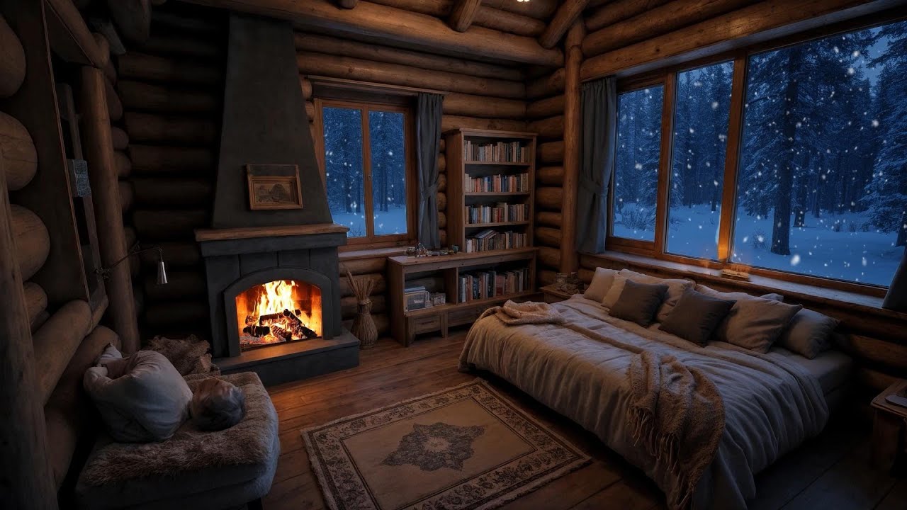 Winter Cabin Ambience for Deep Sleep | Snowstorm & Warm Fireplace Sounds for Sleep & Relaxation