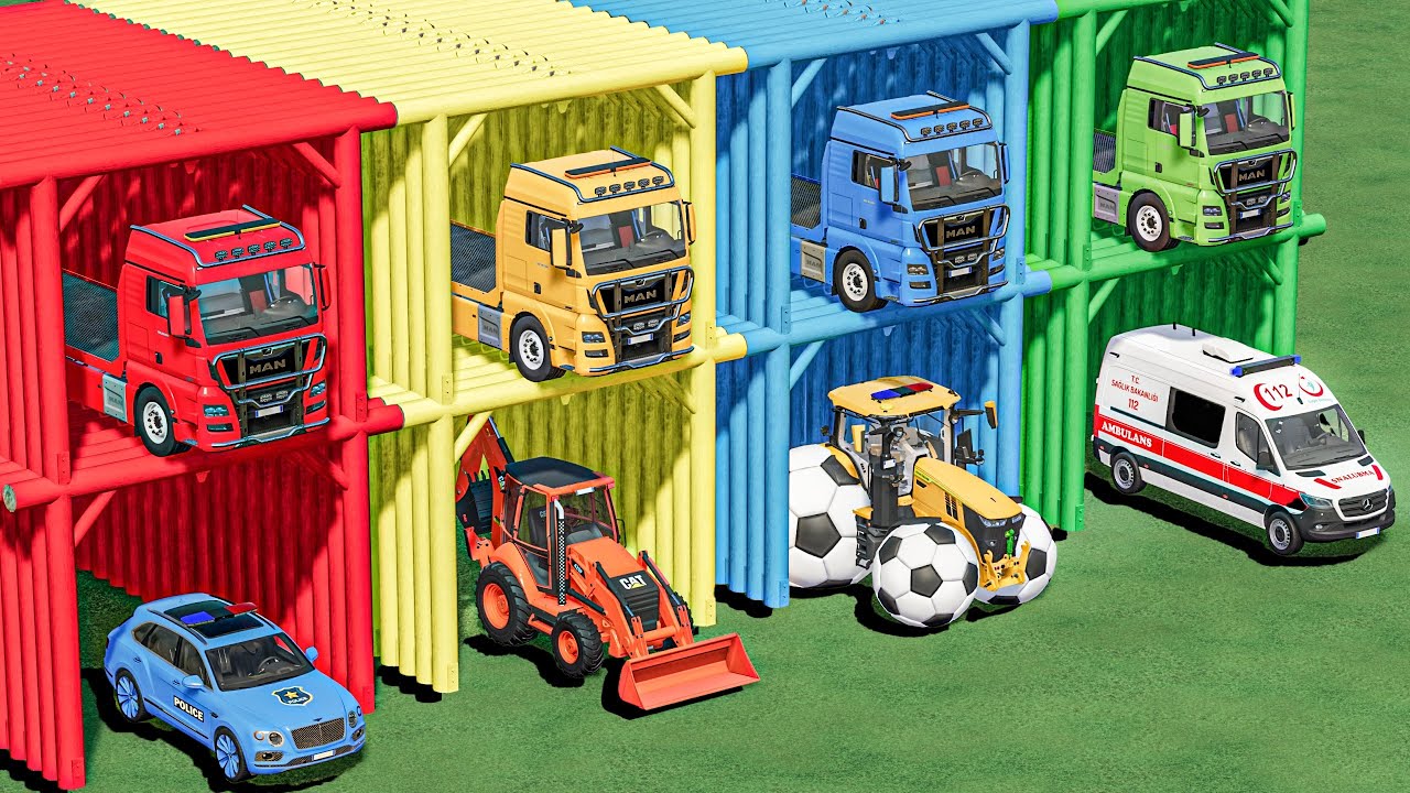 GARAGE with COLORS - TRANSPORTING POLICE CARS , LOADER , BALL WHEELS , AMBULANCE | FS22