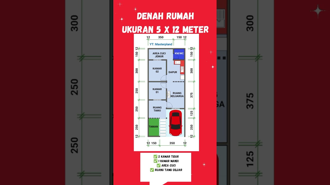 Denah Rumah 5x12 Meter | 2 Kamar Tidur, Taman, Parkir Mobil & Motor, Dapur Lengkap!